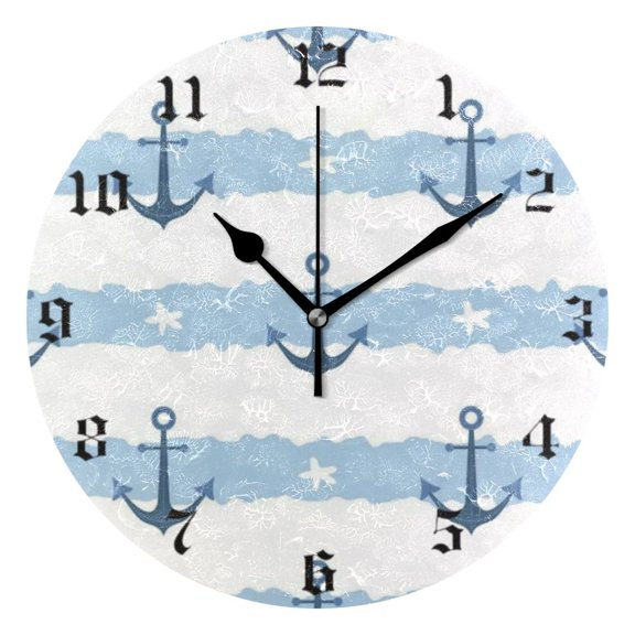 Round Wall Clock Battery Operated Silent Non-Ticking Decorative Creative Dual-Use Golden Pointer Clock Suit for Home Decor Living Room Kitchen Pirate Anchor Pattern