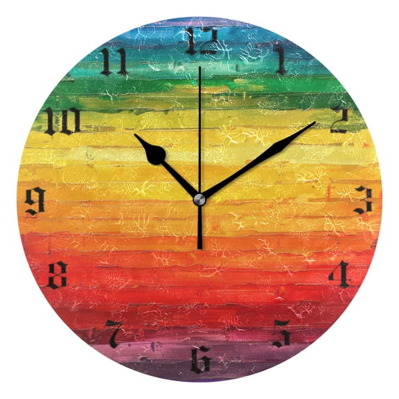 Round Wall Clock Battery Operated Silent Non-Ticking Decorative Creative Dual-Use Golden Pointer Clock Suit for Home Decor Living Room Kitchen Rainbow Horizontal Stripe Print