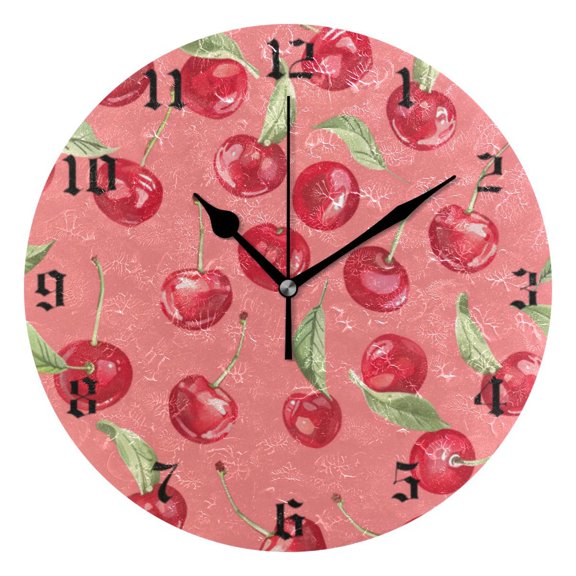 Round Wall Clock Battery Operated Silent Non-Ticking Decorative Creative Dual-Use Golden Pointer Clock Suit for Home Decor Living Room Kitchen Watercolor Cherry Pattern