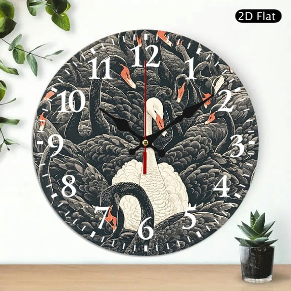 Round Wall Clock with Black and White Swans Art Design, Decorative Silent Analog Clock for Living Room or Bedroom, 10x10 Inch, 1pc, Battery Not Included