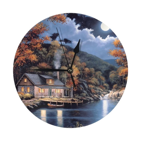 Round Wall Clock Cabin By The Lake Printed Decorative & Creative Dual-Purpose Clocks Battery Operated For Home/Office/Classroom/School Clock