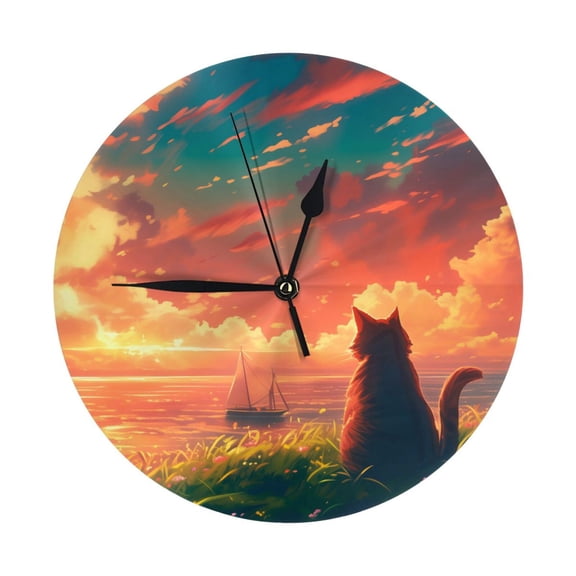 Round Wall Clock Cat Sunset Ocean Printed Decorative & Creative Dual-Purpose Clocks Battery Operated For Home/Office/Classroom/School Clock