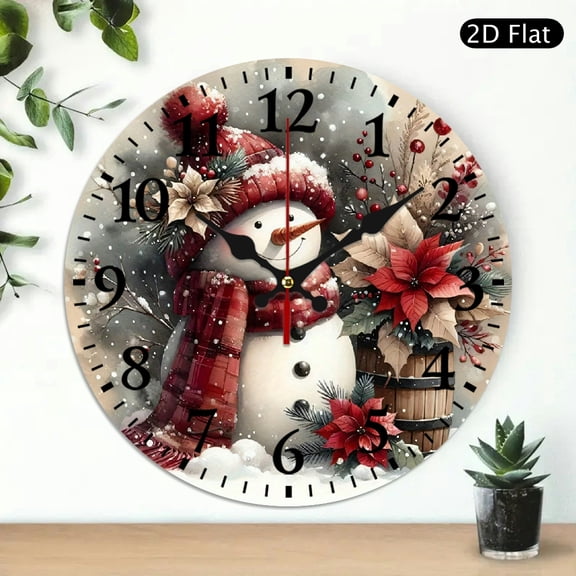 Round Wall Clock with Cheerful Snowman and Festive Winter Poinsettia Design, 10x10 Inch Decorative Christmas Holiday Timepiece for Home Decor, 1pc, Battery Not Included
