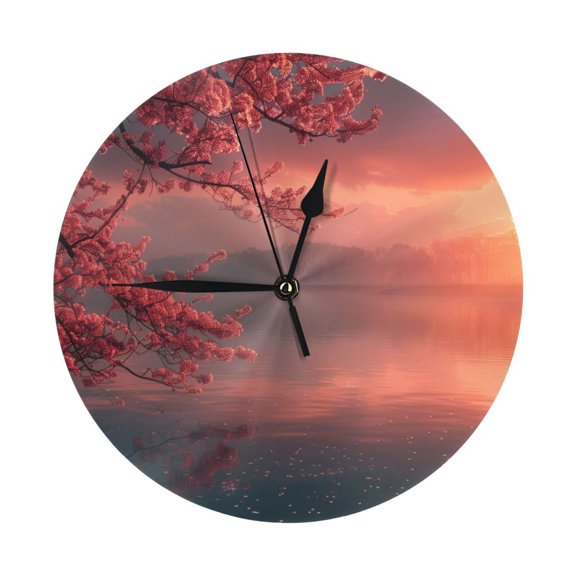 Round Wall Clock Cherry Blossom Sunset Printed Decorative & Creative Dual-Purpose Clocks Battery Operated For Home/Office/Classroom/School Clock