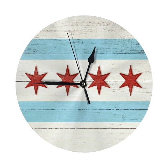 Round Wall Clock Chicago Flag Printed Decorative & Creative Dual-Purpose Clocks Battery Operated For Home/Office/Classroom/School Clock