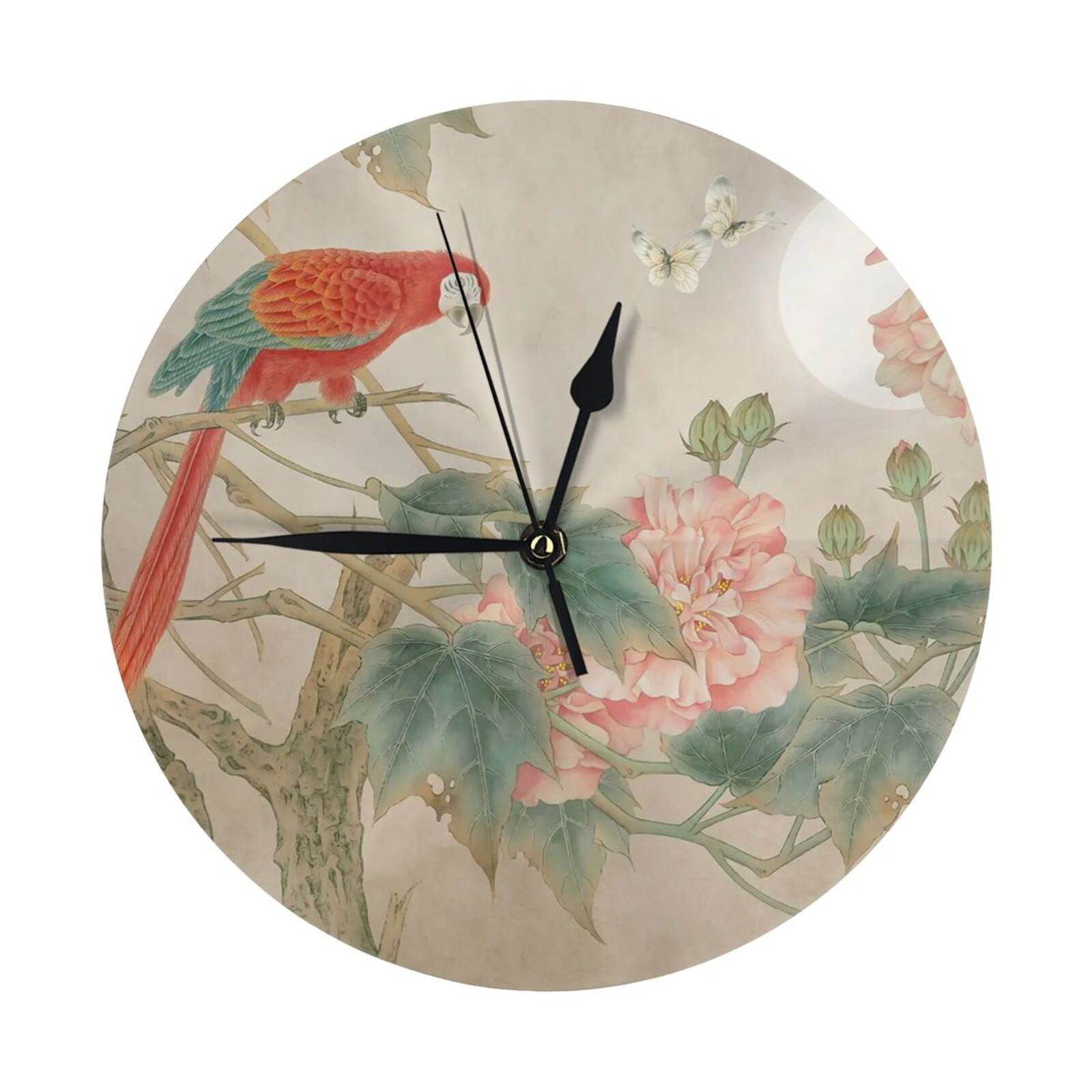 Chinese Clock Design Round Wall Clock Chinese Parrot Peony Printed Decorative & Creative ...