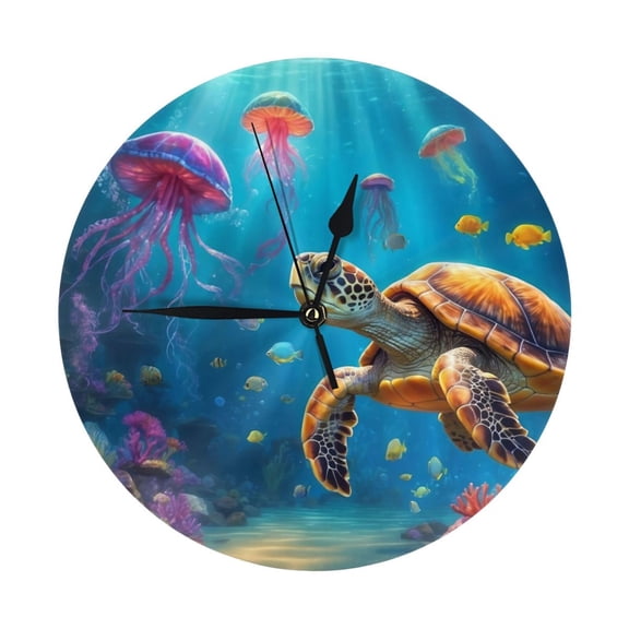 Round Wall Clock Colorful Corals Underwater Turtle Jellyfish Printed Decorative & Creative Dual-Purpose Clocks Battery Operated For Home/Office/Classroom/School Clock