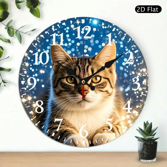 Round Wall Clock with Cute Cat and Sparkly Bokeh Night Background, Decorative Silent Analog Timepiece for Home Decor, 10x10 Inch, 1pc, Battery Not Included