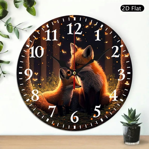 Round Wall Clock Cute Fox in Forest Pattern Silent Non Ticking Decorative Clock for Living Room Bedroom Home Decor 10x10 Inch 1pc Battery Not Included