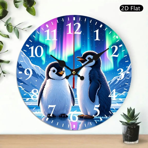 Round Wall Clock Cute Penguins Under Northern Lights Decor, 10x10 Inch, Silent Non-Ticking Decorative Timepiece for Bedroom Living Room, 1pc, Battery Not Included