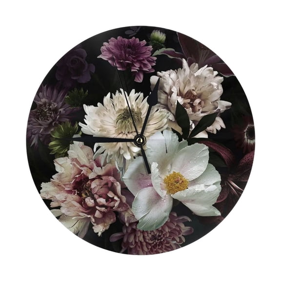Round Wall Clock Dark Garden Florals Printed Decorative & Creative Dual-Purpose Clocks Battery Operated For Home/Office/Classroom/School Clock