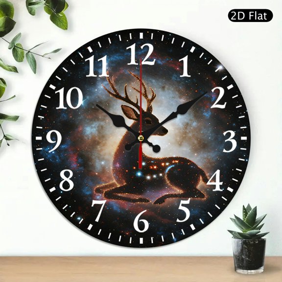 Round Wall Clock Decorative Galaxy Deer Print Silent Battery Operated Timepiece 10x10 Inch 1pc Battery Not Included