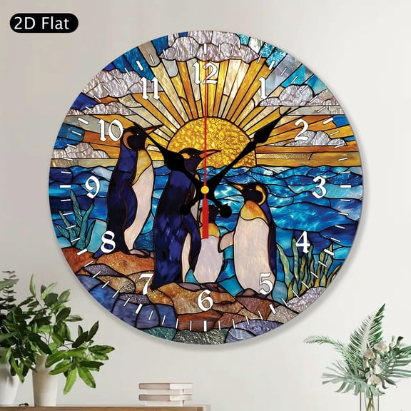 Round Wall Clock, Decorative Penguin Ocean Scene, MDF Wooden Home Decor, Antarctic Ice Coastal Wildlife Art, Winter Gift