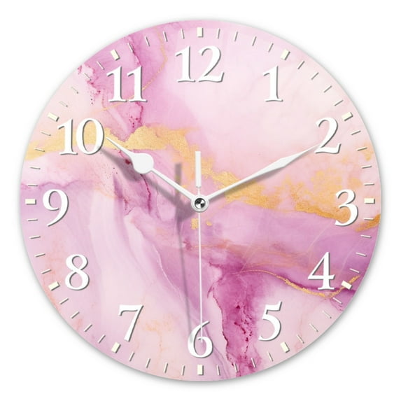 Round Wall Clock,Elegant Lilac And Pink Watercolor Background With Golden Veins,Silent Non-Ticking Wall Clock Decor for Home Office Kitchen Living Room Bedroom(12inch)