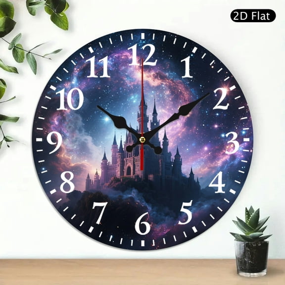 Round Wall Clock Fantasy Castle Galaxy Theme Decorative Silent Timepiece 10x10 Inch 1pc Battery Not Included