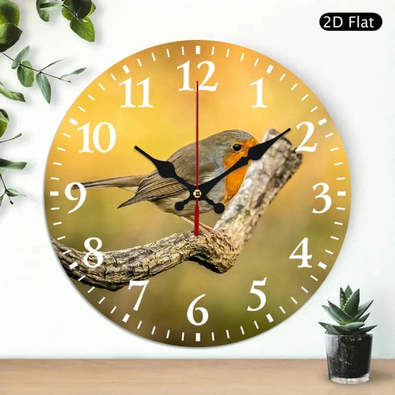 Round Wall Clock Featuring A Cute Robin Bird Design, Silent Decorative Analog Clock For Home Or Office Decor, 10x10 Inch, 1pc, Battery Not Included