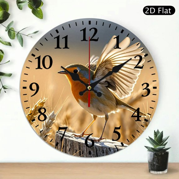 Round Wall Clock Featuring A Small Bird On A Weathered Post In A Golden Wheat Field Design, 10x10 Inch, 1pc, Battery Not Included