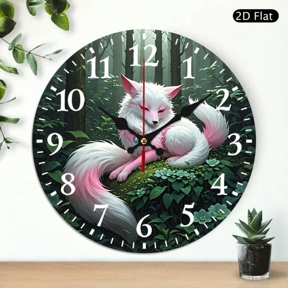 Round Wall Clock Featuring A Whimsical White And Pink Fox In A Lush Forest Setting, 10x10 Inch Decorative Home Decor, 1pc, Battery Not Included