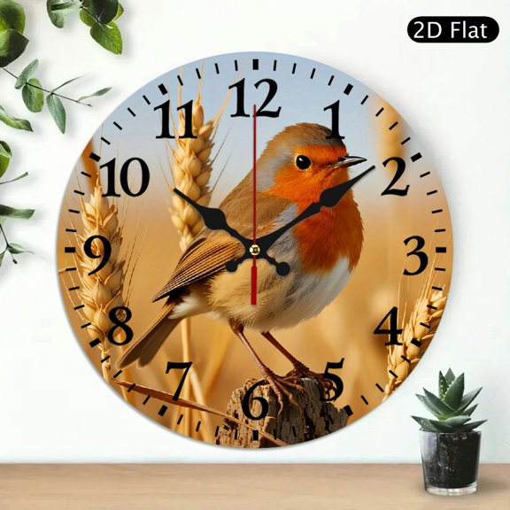 Round Wall Clock Featuring An Orange Breasted Bird On A Wheat Field Design 10x10 Inch 1pc Battery Not Included