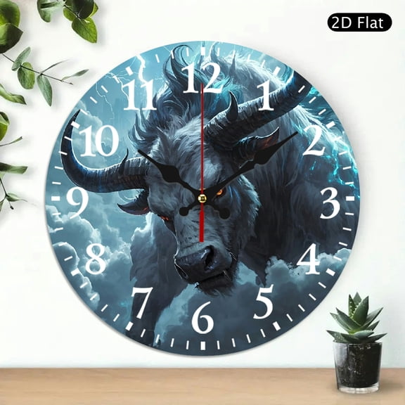 Round Wall Clock Featuring Angry Bull with Lightning and Clouds Pattern, Decorative Silent Quartz Analog Clock for Home Office, 10x10 Inch, 1pc, Battery Not Included