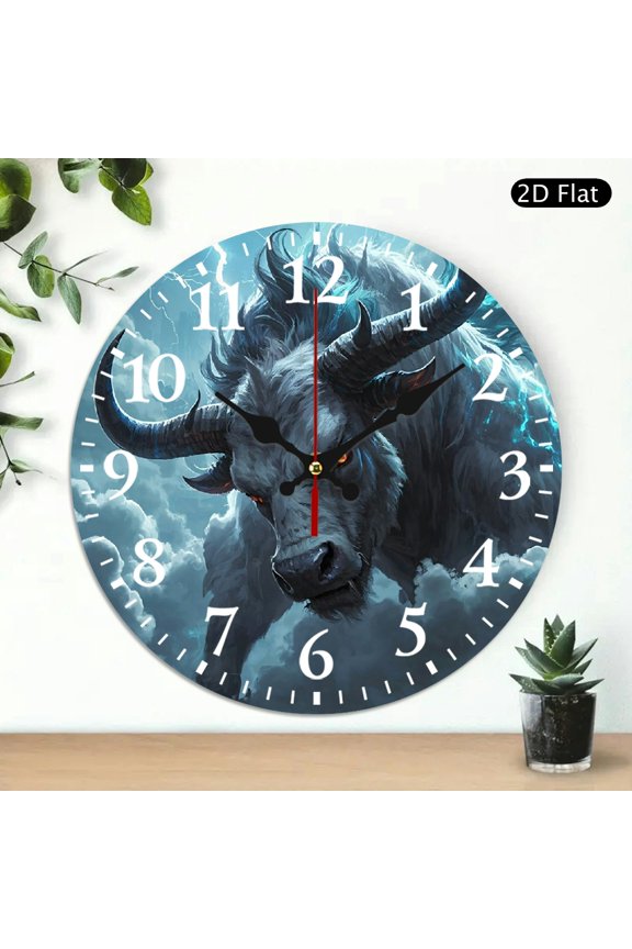 Round Wall Clock Featuring Angry Bull with Lightning and Clouds Pattern, Decorative Silent Quartz Analog Clock for Home Office, 10x10 Inch, 1pc, Battery Not Included