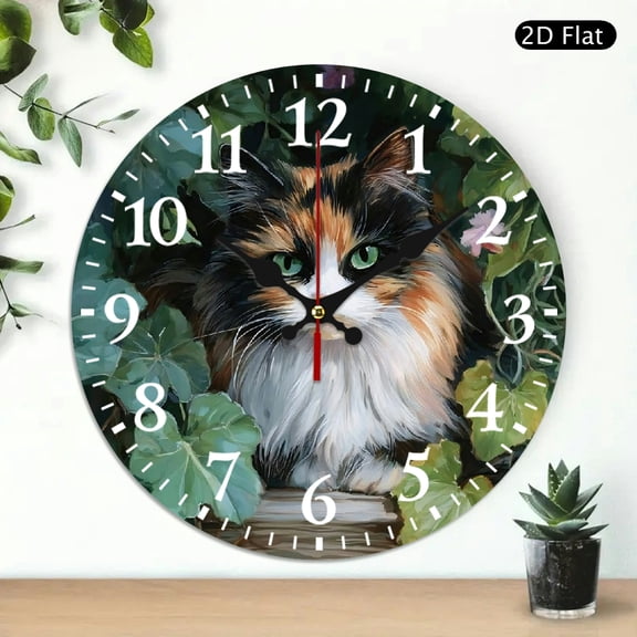 Round Wall Clock Featuring Calico Cat In Garden Design, Silent Decorative Analog Clock For Living Room, 10x10 Inch, 1pc, Battery Not Included