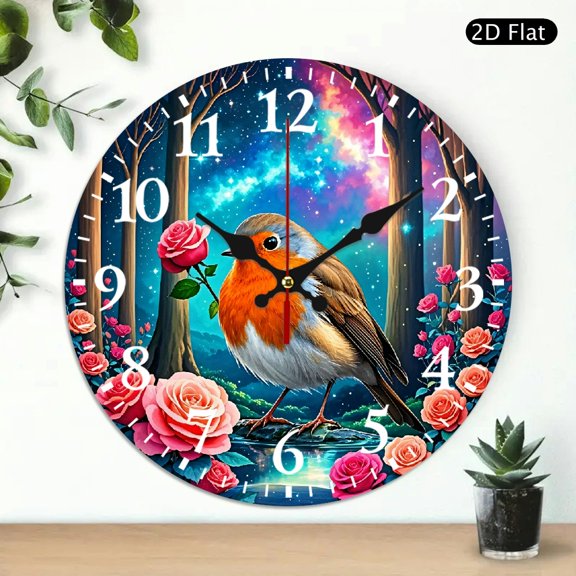 Round Wall Clock Featuring Colorful Robin Bird And Rose Garden Design, Decorative Silent Analog Timepiece For Home Decor, 10x10 Inch, 1pc, Battery Not Included