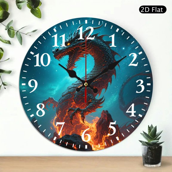 Round Wall Clock Featuring Fantasy Fire Dragon Design, Decorative Silent Analog Timepiece for Home Decor, 10x10 Inch, 1pc, Battery Not Included