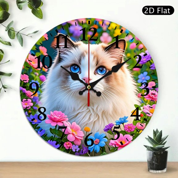 Round Wall Clock Featuring Fluffy Cat With Blue Eyes And Colorful Floral Design, 10x10 Inch Decorative Silent Timepiece, Battery Not Included, 1pc