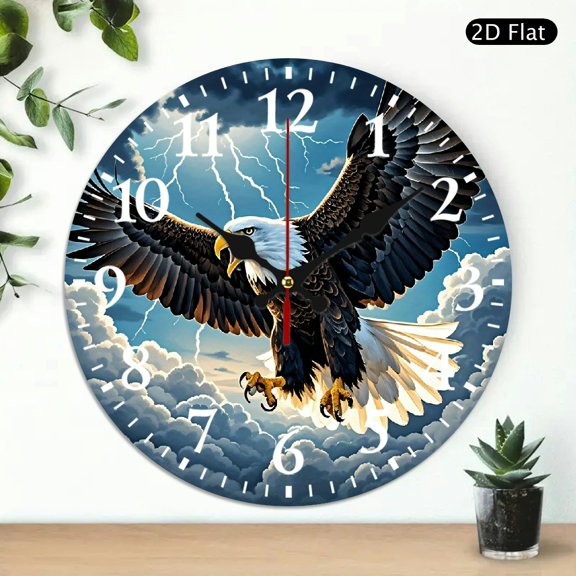 Round Wall Clock Featuring Flying Bald Eagle With Lightning Storm Design, Decorative Battery Operated Timepiece for Home Decor, 10x10 Inch, 1pc, Battery Not Included
