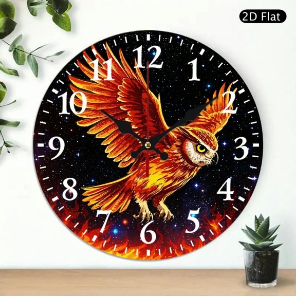 Round Wall Clock Featuring Flying Owl On Fire Design, Decorative Silent Analog Clock For Home Office Decor, 10x10 Inch, 1pc, Battery Not Included