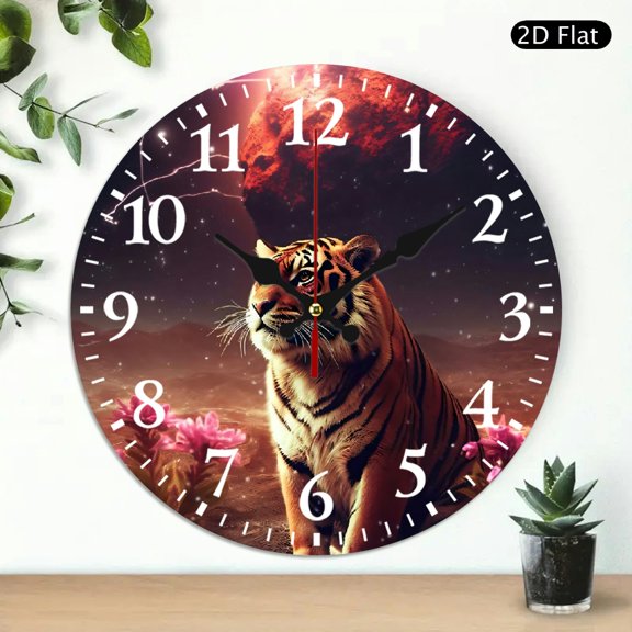 Round Wall Clock Featuring Majestic Tiger In Galaxy Night Scene, Decorative Battery Operated Analog Clock For Living Room, 10x10 Inch, 1pc, Battery Not Included