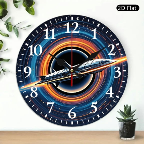 Round Wall Clock Featuring Outer Space Spaceship and Black Hole Galaxy Design, Decorative Silent Timepiece for Home and Office, 10x10 Inch, 1pc, Battery Not Included