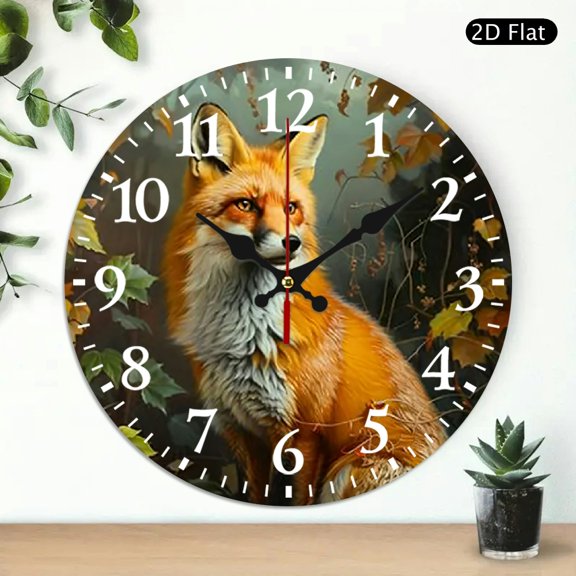 Round Wall Clock Featuring Red Fox In Forest Print Decorative Hanging Timepiece 10x10 Inch 1pc Battery Not Included
