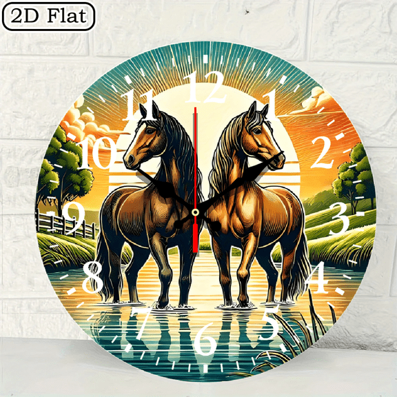 Round Wall Clock Featuring Two Majestic Horses in Sunset Landscape 10x10 Inch 1pc Battery Not Included