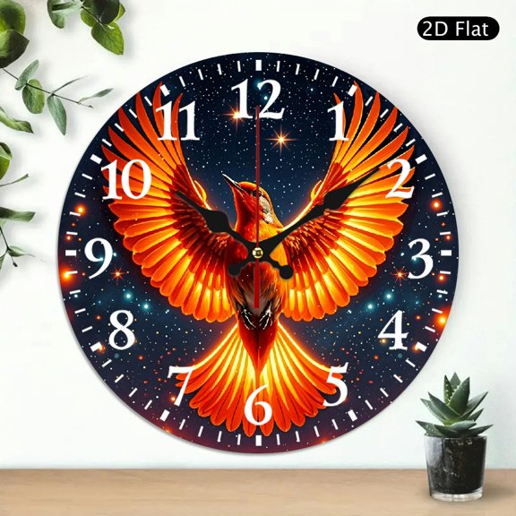 Round Wall Clock Featuring Vibrant Phoenix Bird Design, Silent Decorative Timepiece for Home and Office, 10x10 Inch, 1pc, Battery Not Included