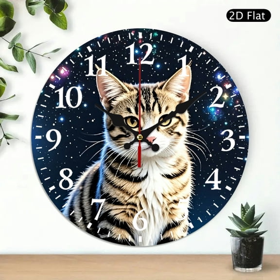 Round Wall Clock Galaxy Cat Theme Decorative Analog Clock for Living Room Bedroom Kitchen Decor 10x10 Inch 1pc Battery Not Included