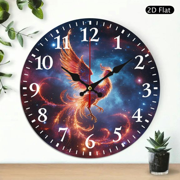 Round Wall Clock Galaxy Phoenix Design Decorative Hanging Clock for Home Office 10x10 Inch 1pc, Battery Not Included