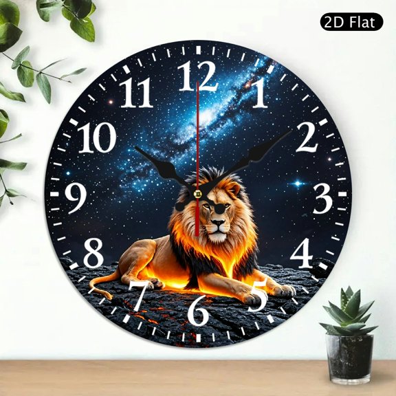 Round Wall Clock Lion Pattern Galaxy Background Decorative Silent Timepiece 10x10 Inch 1pc Battery Not Included