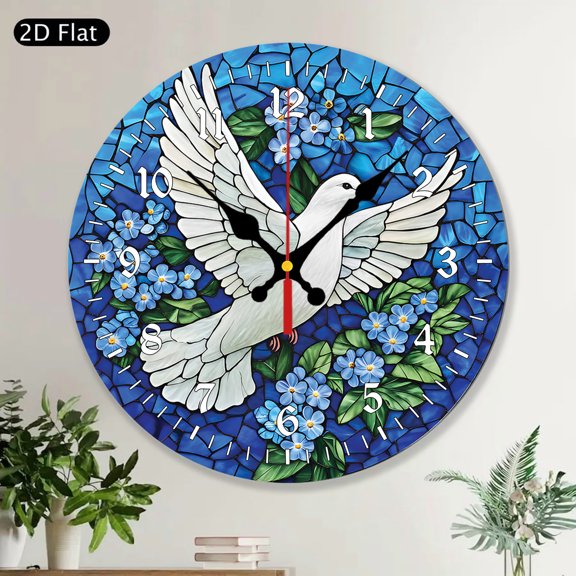 Round Wall Clock MDF Wood, Purple Blue Stained Glass Look Mosaic Design, Retro Disco Party Funky Decorative Home Wall Art