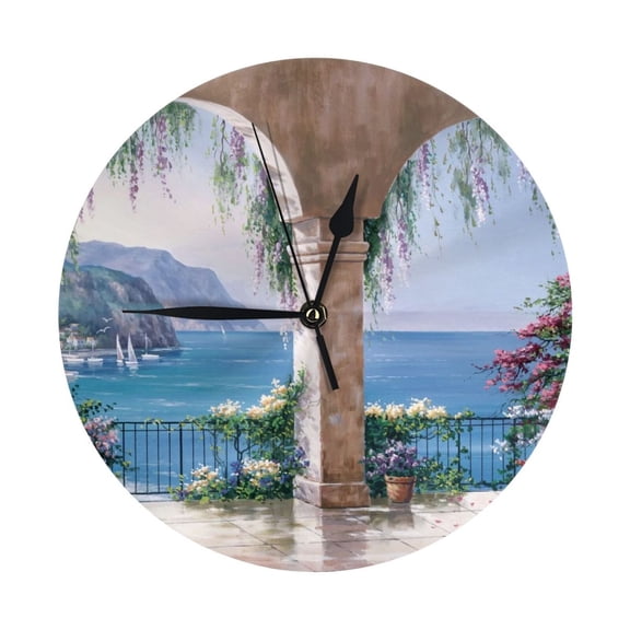 Round Wall Clock Mediterranean Arch Printed Decorative & Creative Dual-Purpose Clocks Battery Operated For Home/Office/Classroom/School Clock