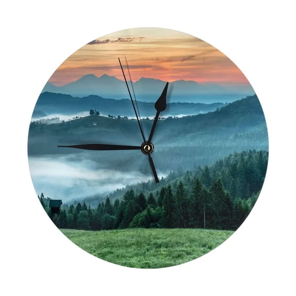 Round Wall Clock Mountain Scenic Landscape Printed Decorative & Creative Dual-Purpose Clocks Battery Operated For Home/Office/Classroom/School Clock