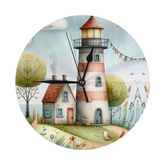 Round Wall Clock Nautical Lighthouse Whimsy Printed Decorative & Creative Dual-Purpose Clocks Battery Operated For Home/Office/Classroom/School Clock