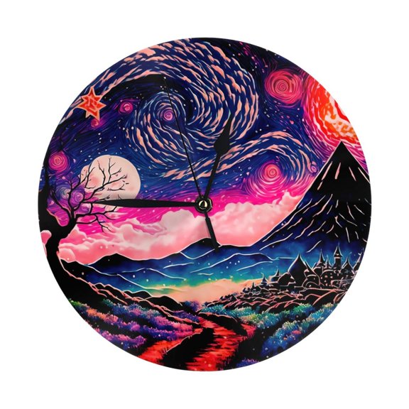 Round Wall Clock Night Scenery Colorful Sky Mountain Printed Decorative & Creative Dual-Purpose Clocks Battery Operated For Home/Office/Classroom/School Clock