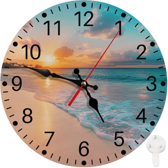 Round Wall Clock Non-Ticking Silent Battery Operated Clock 12 Inch, Sea Beach Blue Sky Sand Home Decor for Living Room, Kitchen, Bedroom, and Office