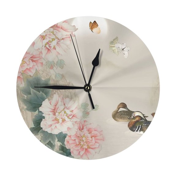 Round Wall Clock Nostalgic Peony Blossom Printed Decorative & Creative Dual-Purpose Clocks Battery Operated For Home/Office/Classroom/School Clock