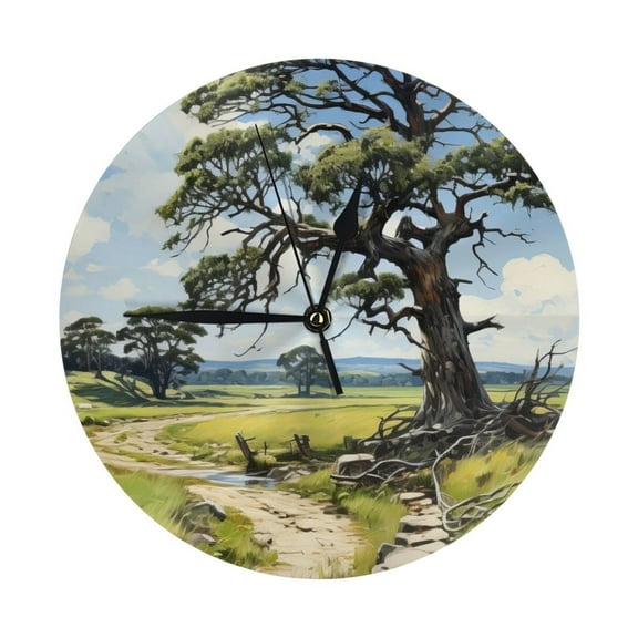 Round Wall Clock Oak Tree Growing Along A Path Printed Decorative & Creative Dual-Purpose Clocks Battery Operated For Home/Office/Classroom/School Clock