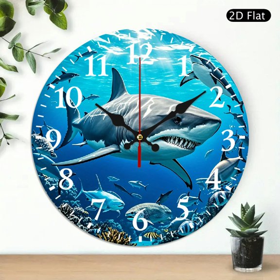 Round Wall Clock Ocean Shark Underwater Theme Decorative Timepiece 10x10 Inch 1pc Battery Not Included