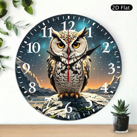 Round Wall Clock Owl In Starry Night Sky Design Decorative Analog Clock for Home Office Bedroom 10x10 Inch 1pc Battery Not Included