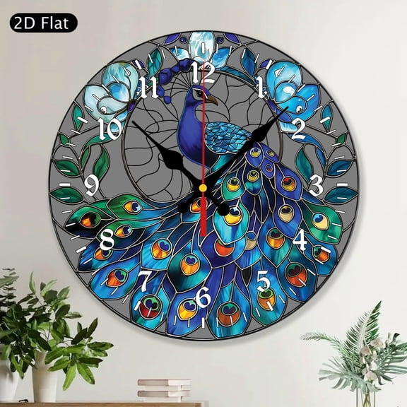 Round Wall Clock Peacock Bird Colorful Elegant Home Decor Gift for Nature Bird Lovers Peacook Lover